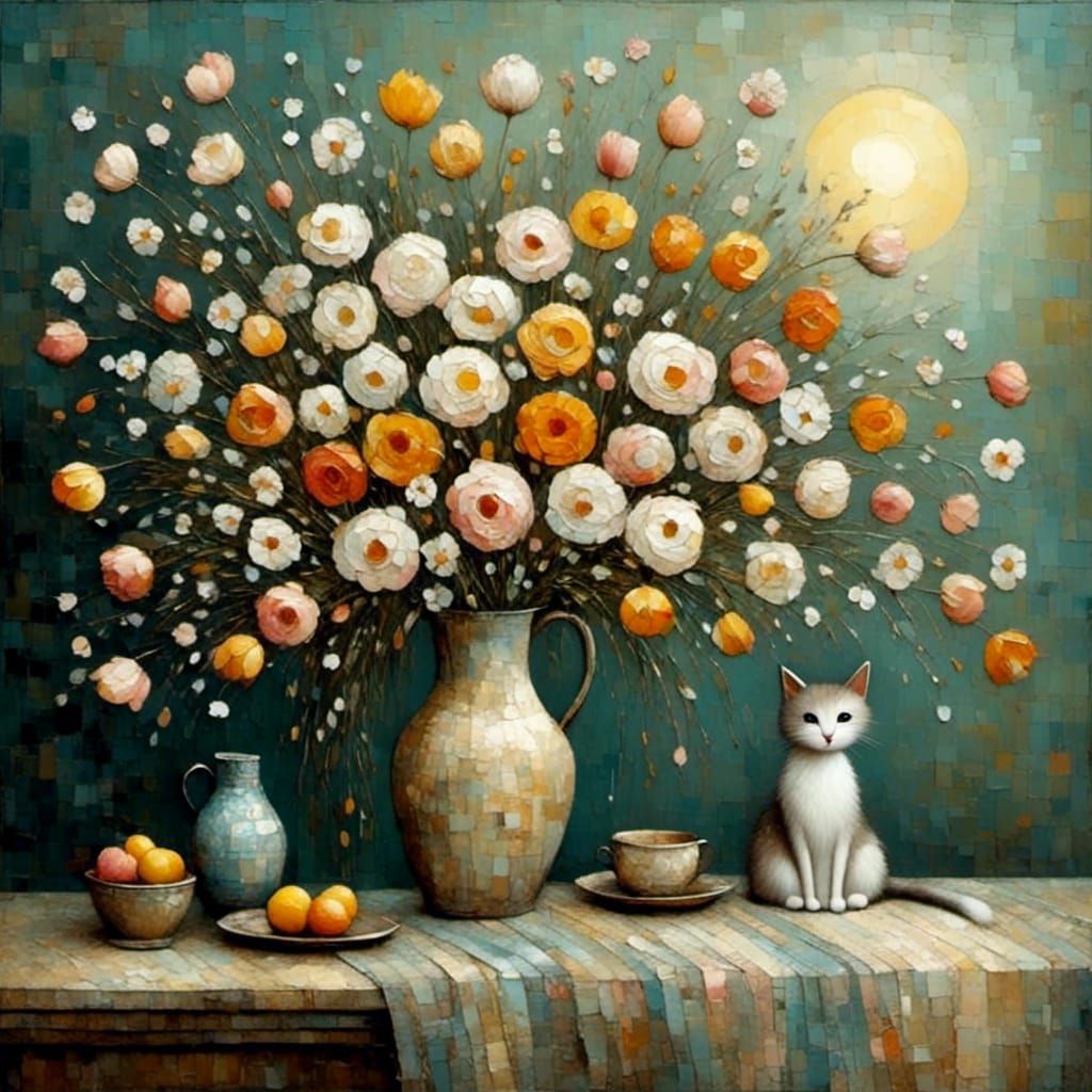 Whimsical Vase with English Flowers in Moonlight