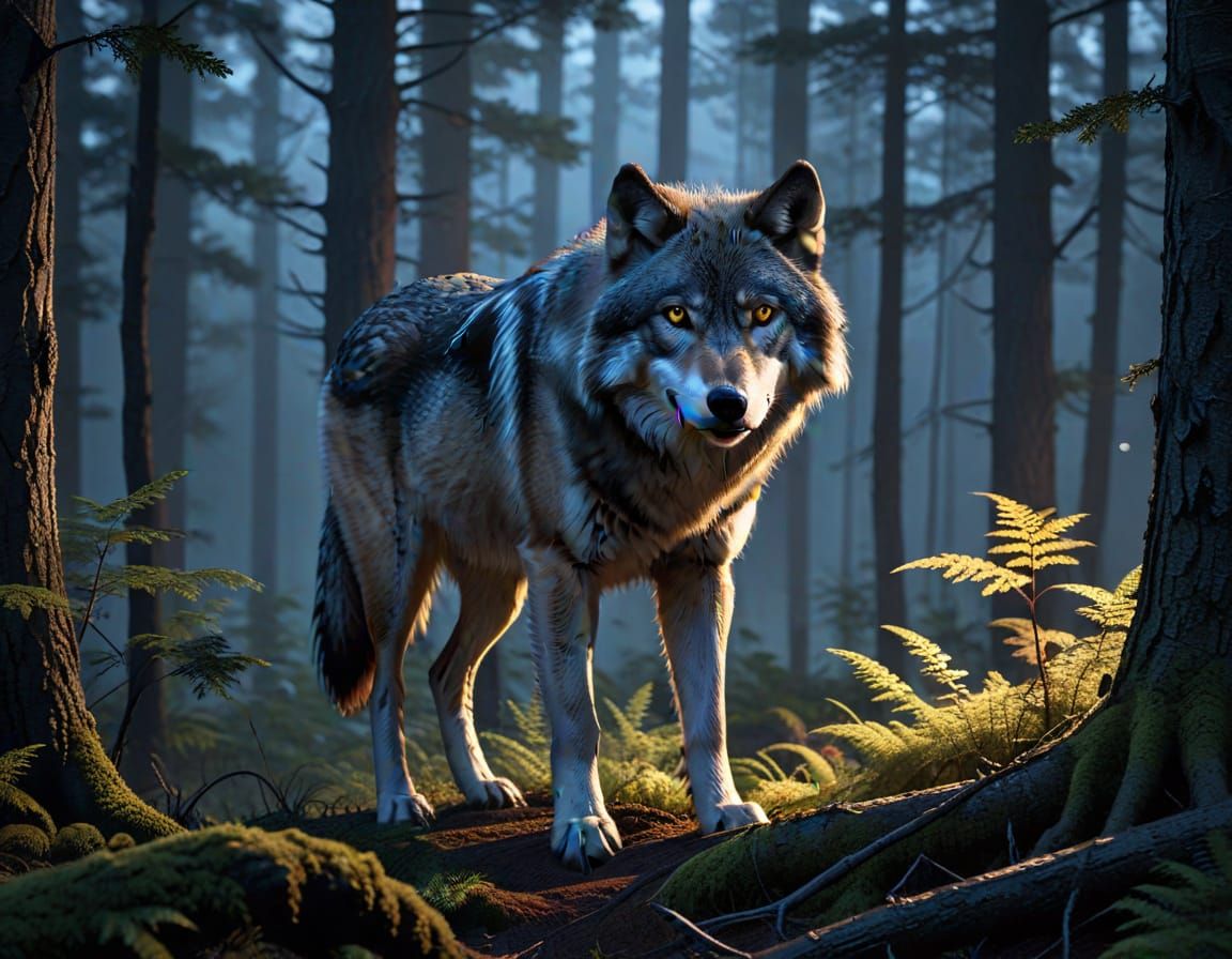 Wolf in Misty Forest: Serigraphy Style