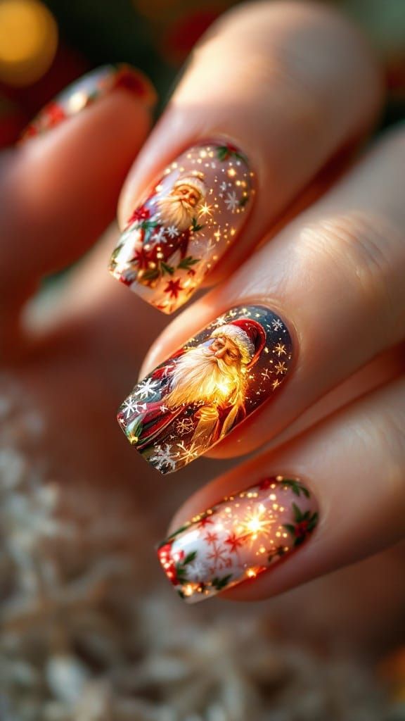Vibrant Fingernails Decorated with Whimsical Christmas Motif...