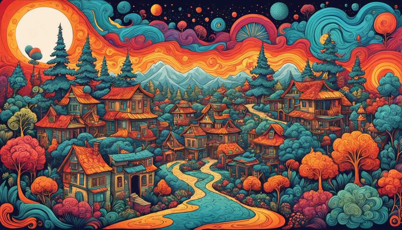 Psychedelic Village with Fractal Patterns and Vibrant Colors