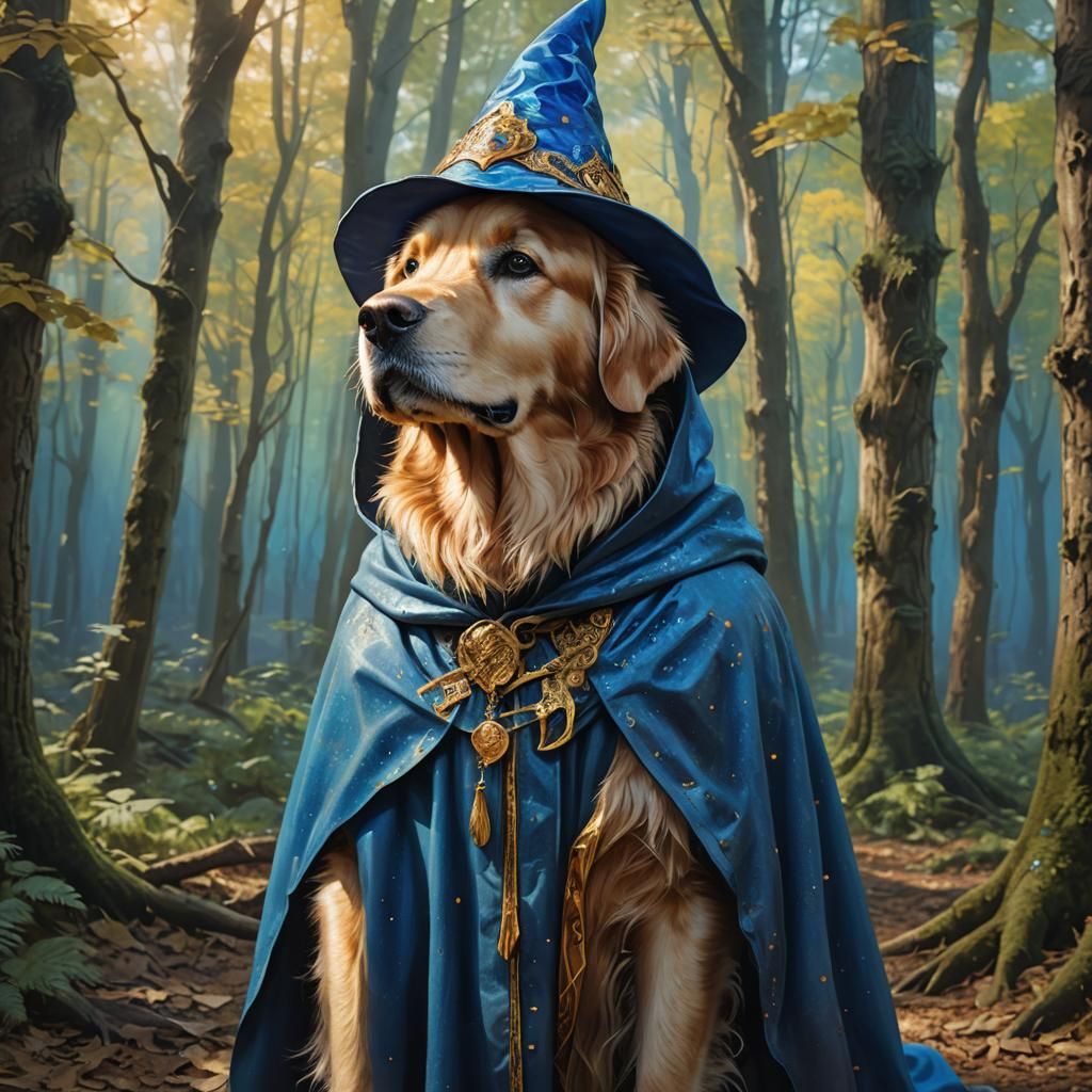 Golden Retriever Wizard in a Colorful Forest