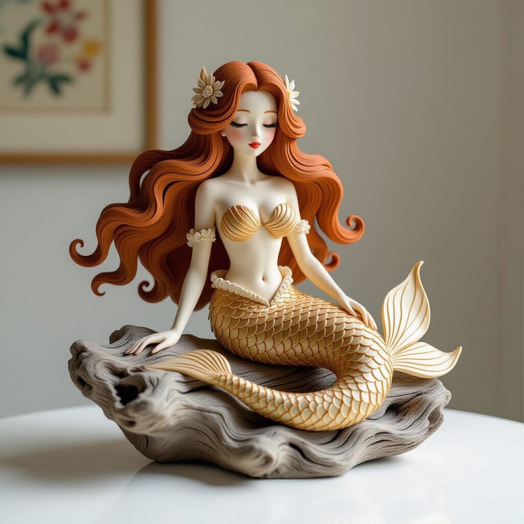 Intricately Carved Wooden Mermaid Sculpture