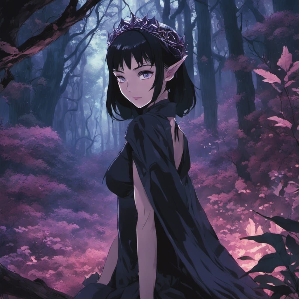 Dark Elf in Enchanted Forest, Anime Style