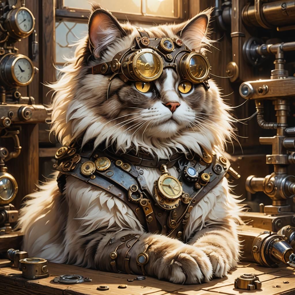 Steampunk Ragdoll Cat Portrait with Clockwork Limbs
