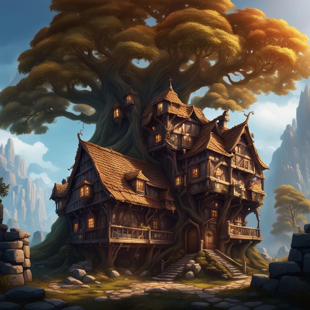D&D Inn with Ancient Tree, Detailed Matte Painting