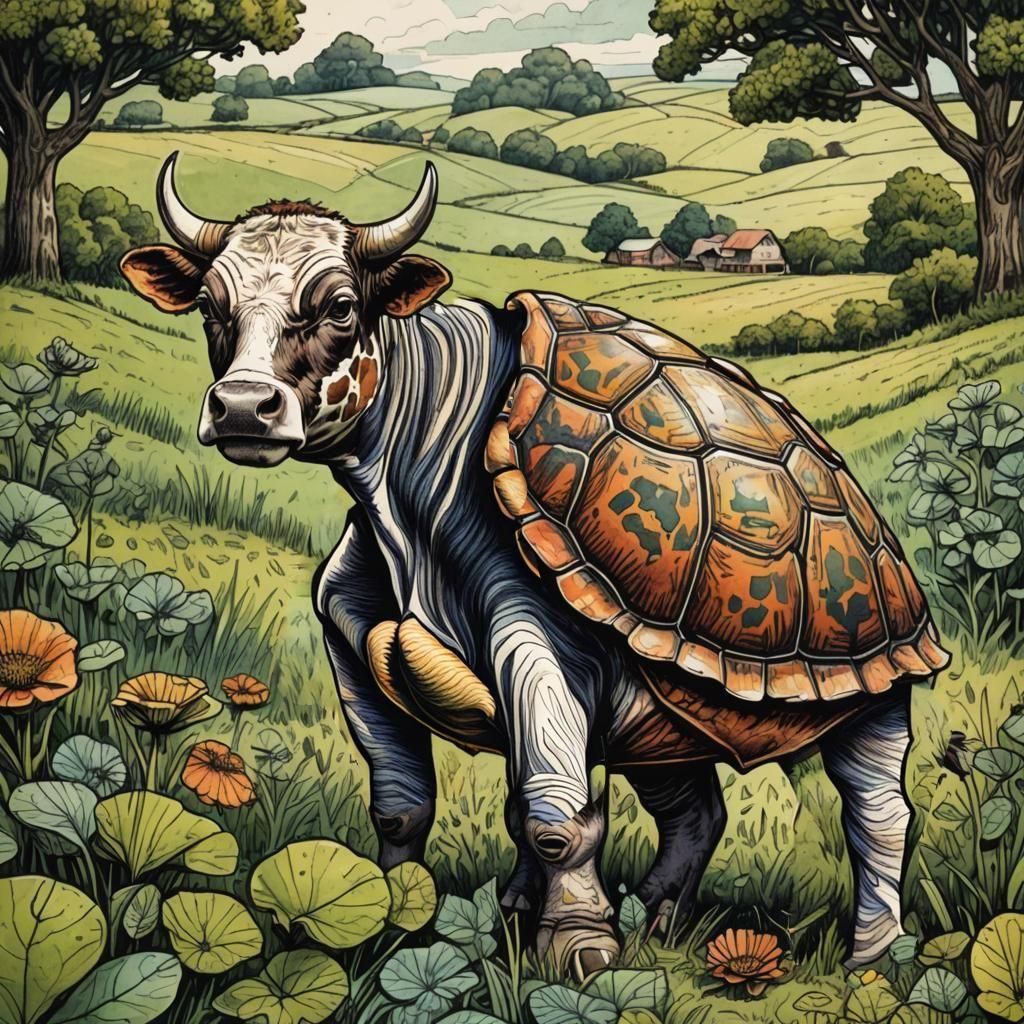 Cow-Turtle Hybrid Creature in Pen and Ink