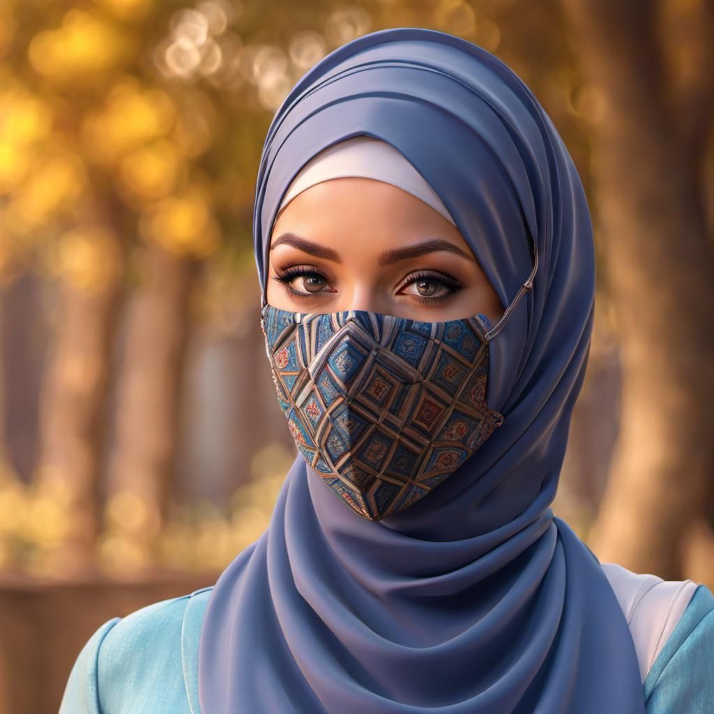 Beautiful Hijabi with Mask in Digital Art Style