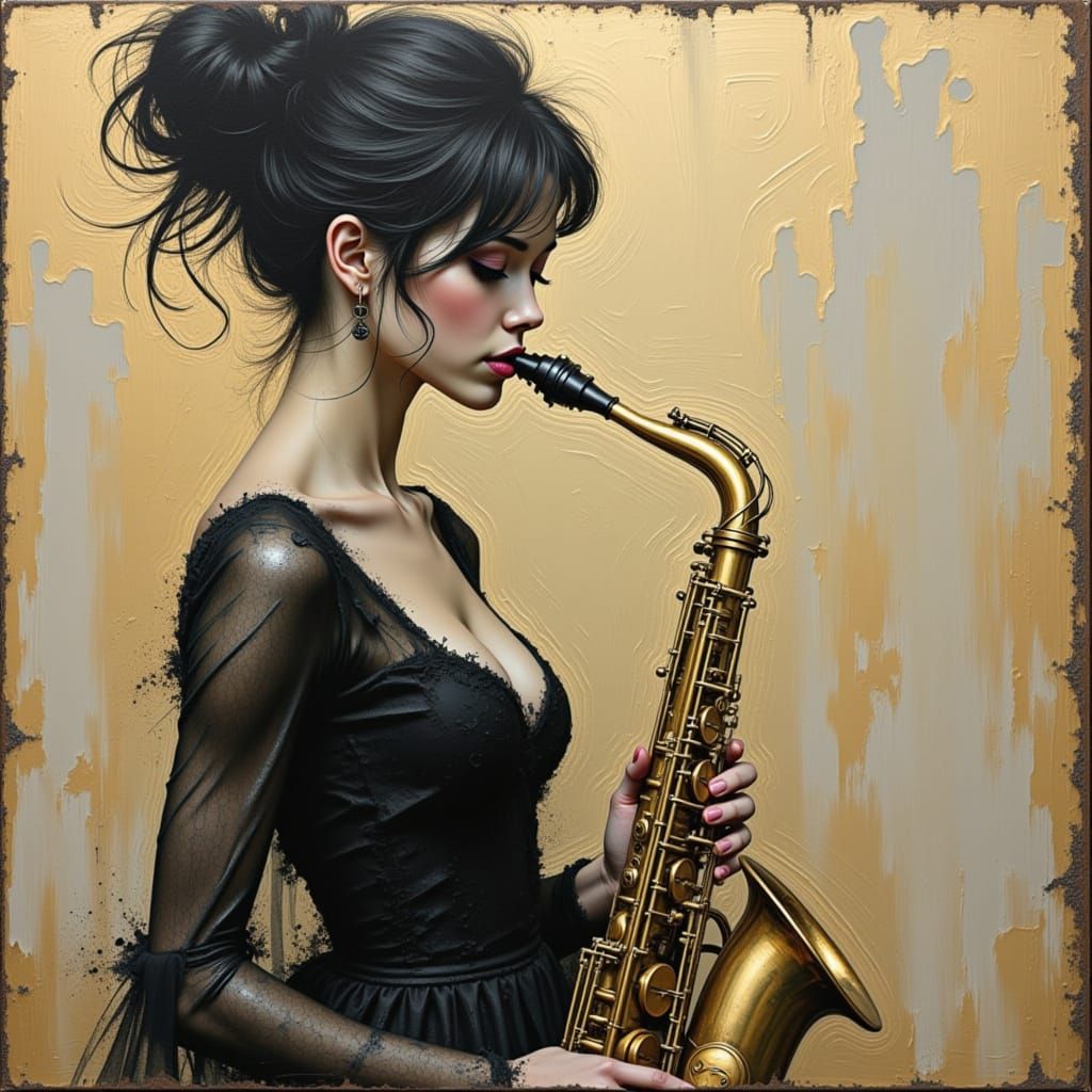 composition with lady and saxophone. alcohol Ink painting on...