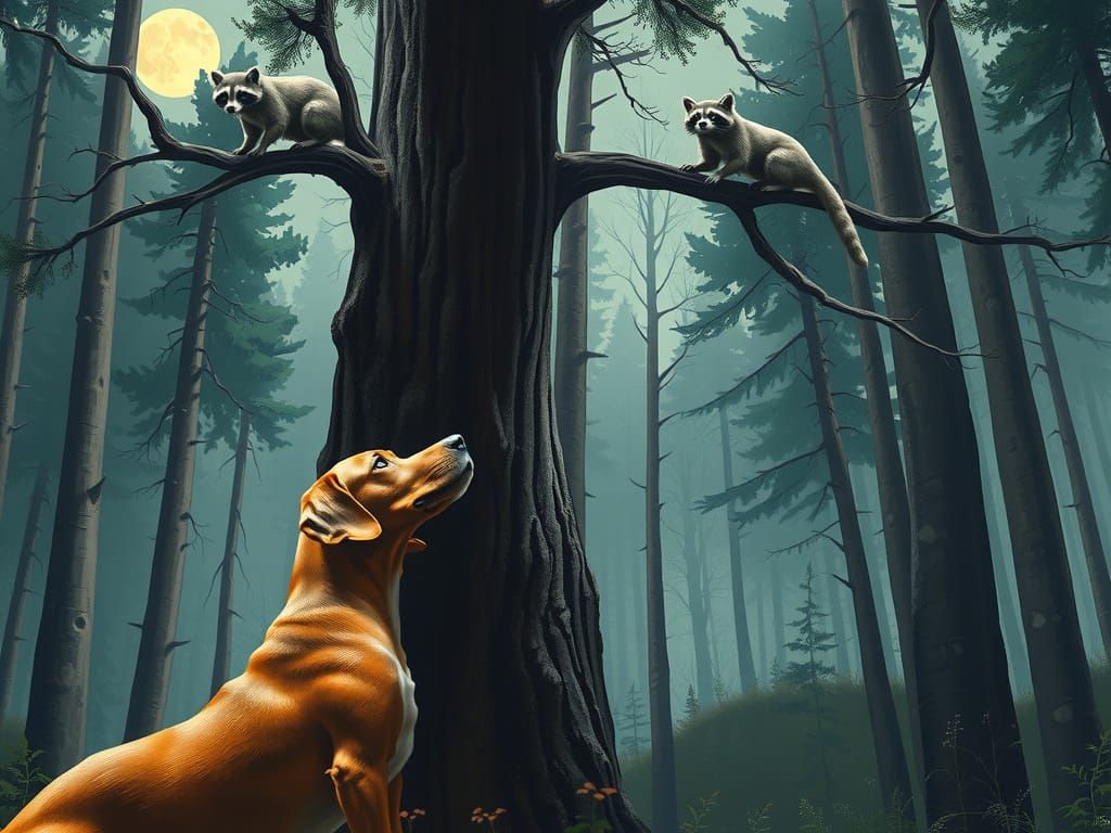 Walker Treeing Coonhound Cornered Raccoon at Nighttime