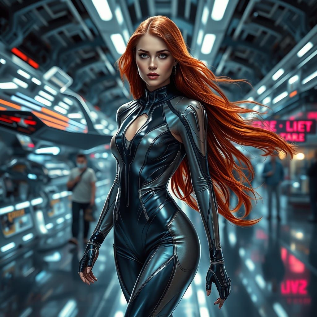 Futuristic Woman in Spaceport with Cyberpunk Style