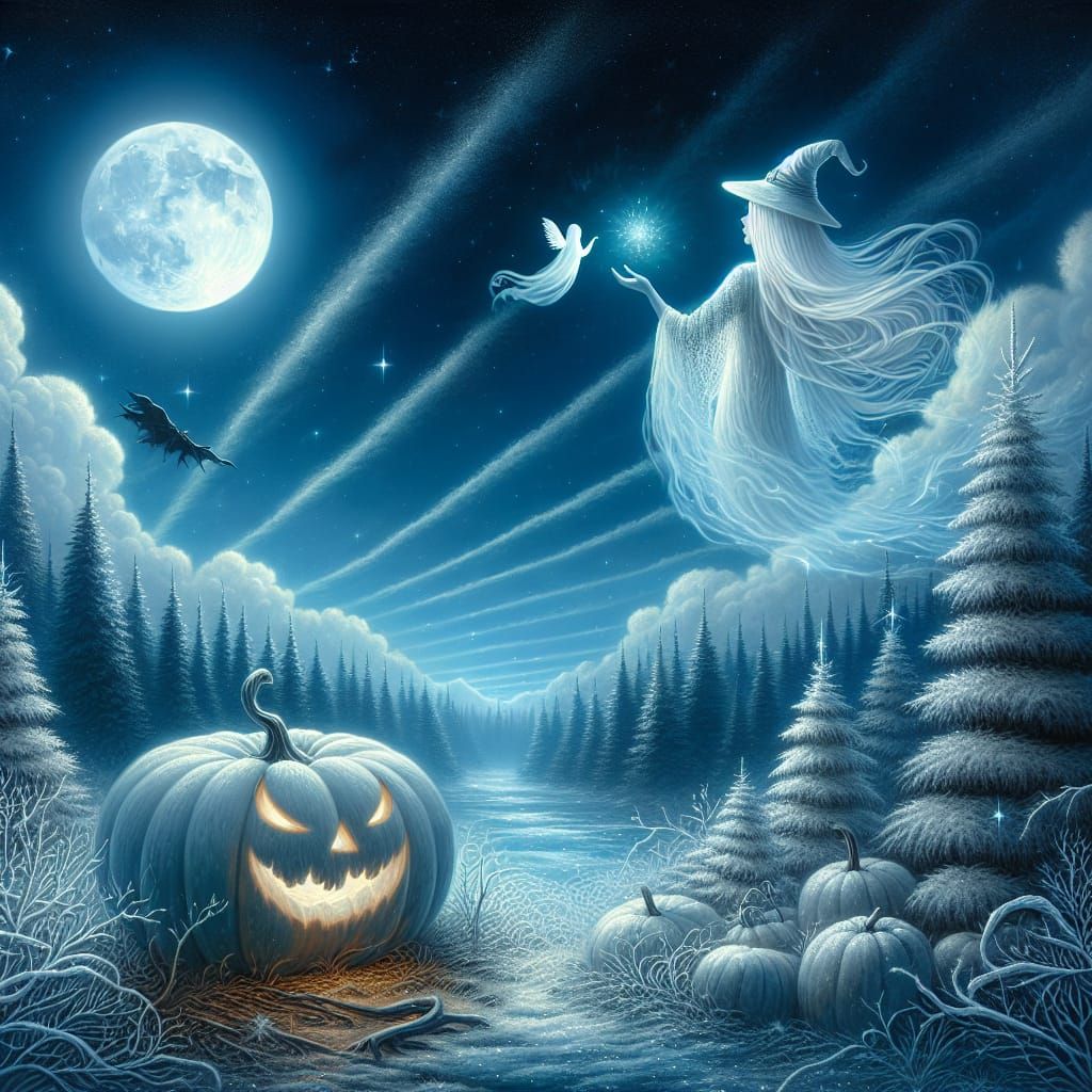 Surreal Halloween Witch Enchants Winter Forest