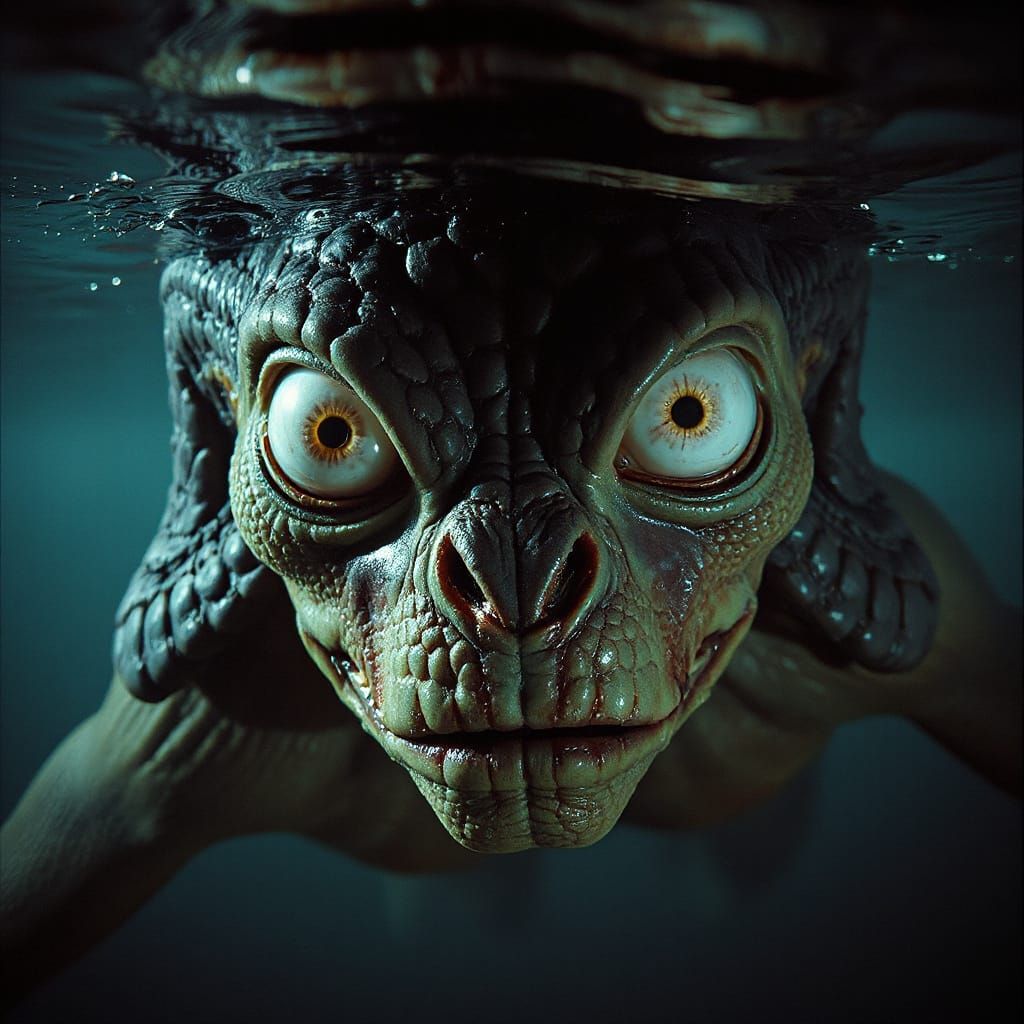 Grotesque Deep One Humanoid in Eerie Underwater Scene