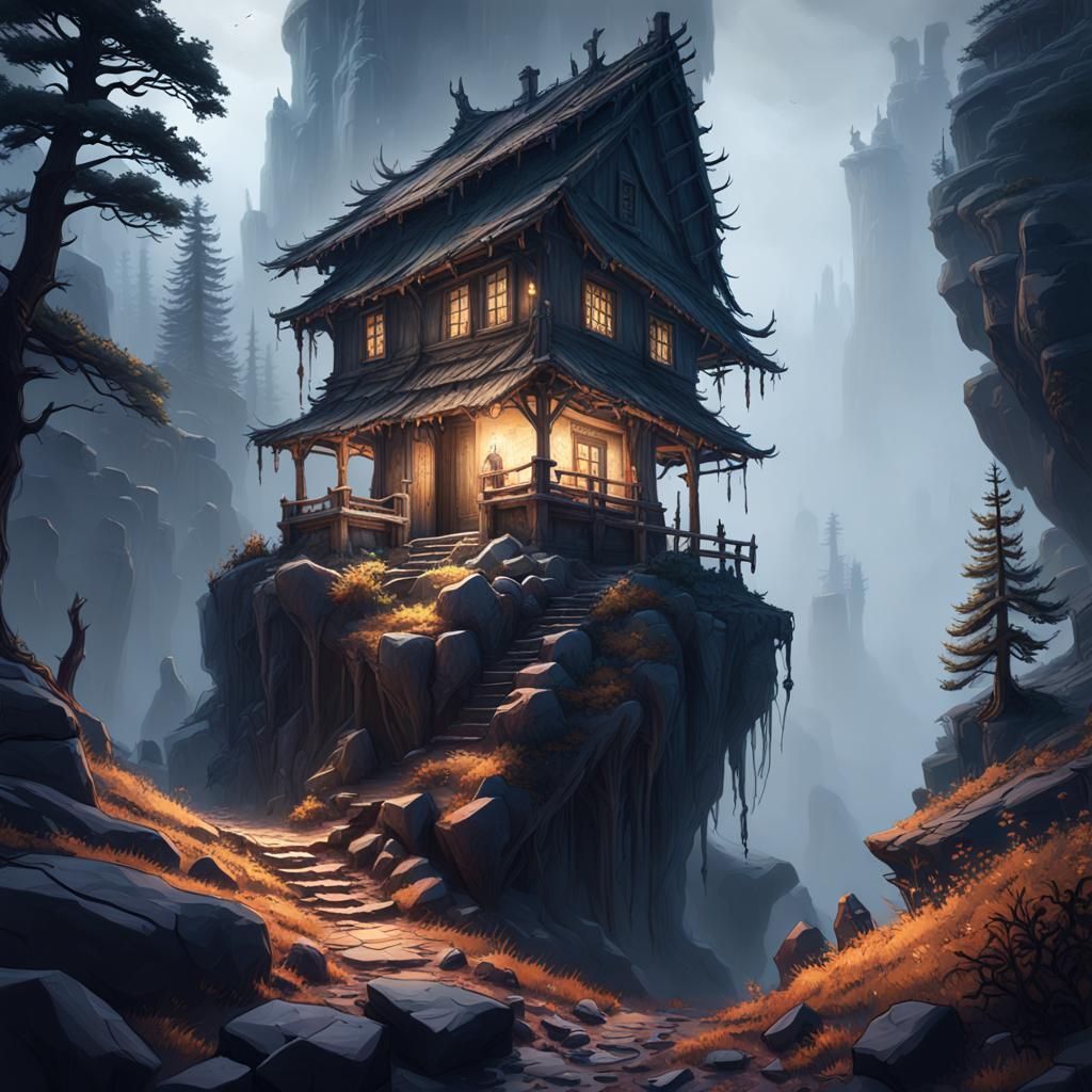 Eerie Witch's Hut in Foggy Forest Canyon