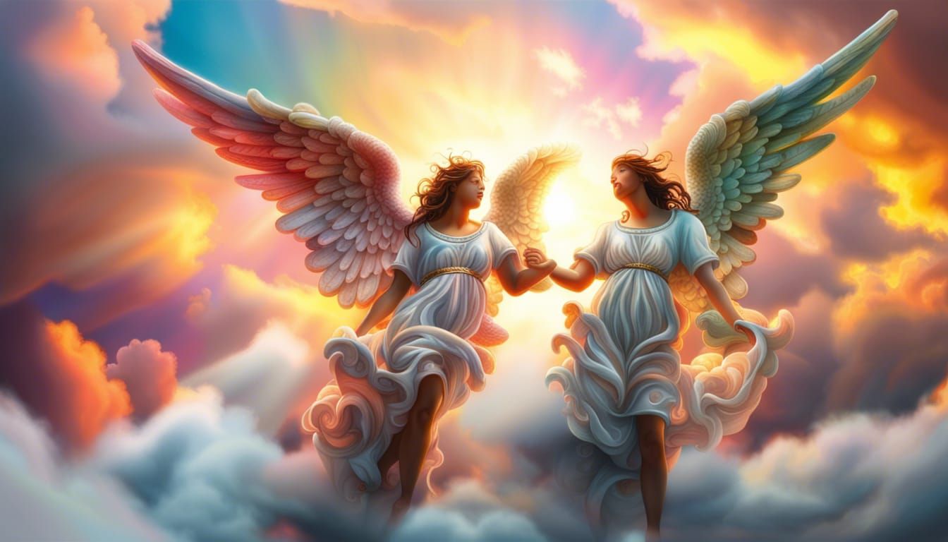 Angels Playing in Clouds at Sunrise: Photorealistic