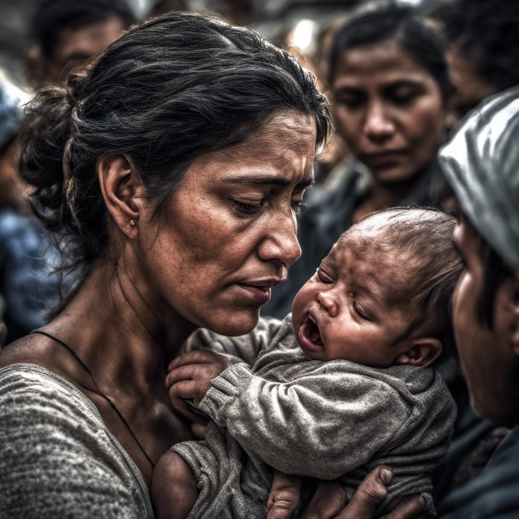 A mother cuddles her baby while crying in a group of people