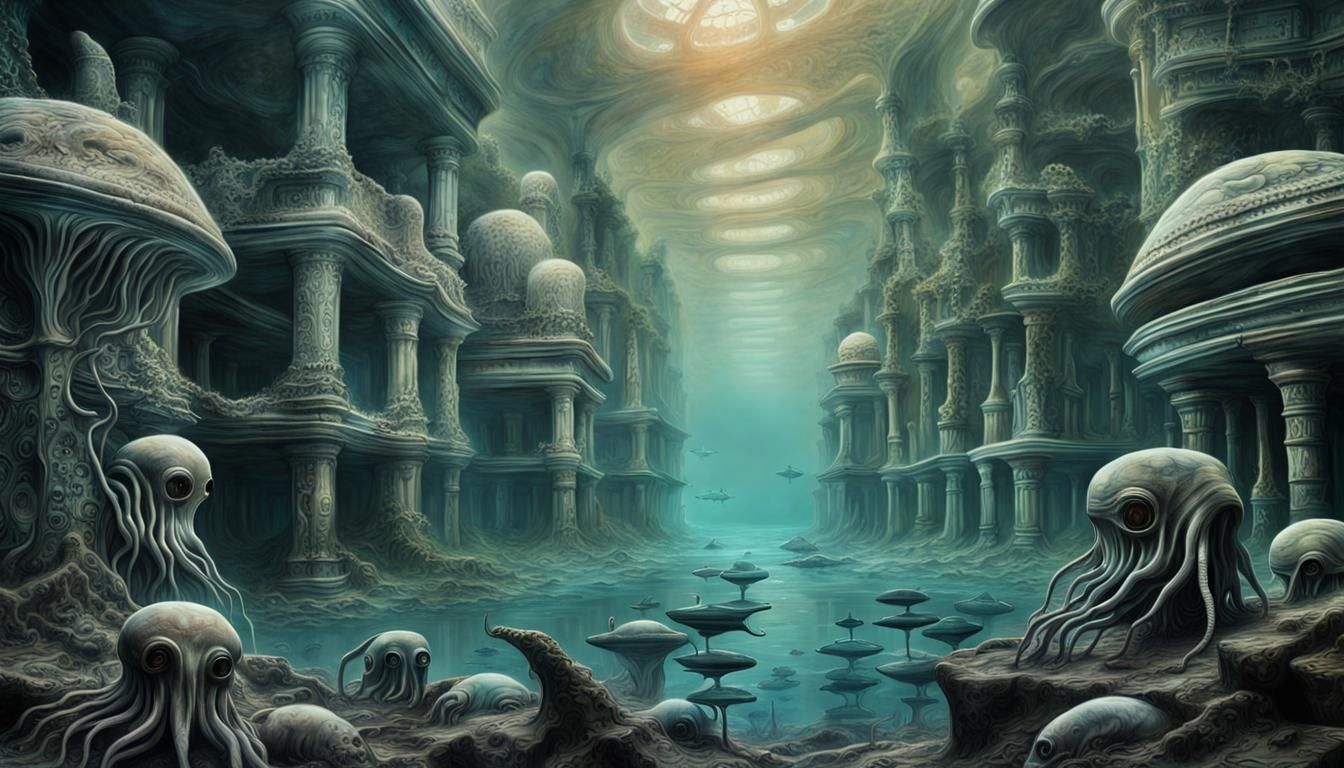 Hyperrealistic Sunken City Swarming with Aliens