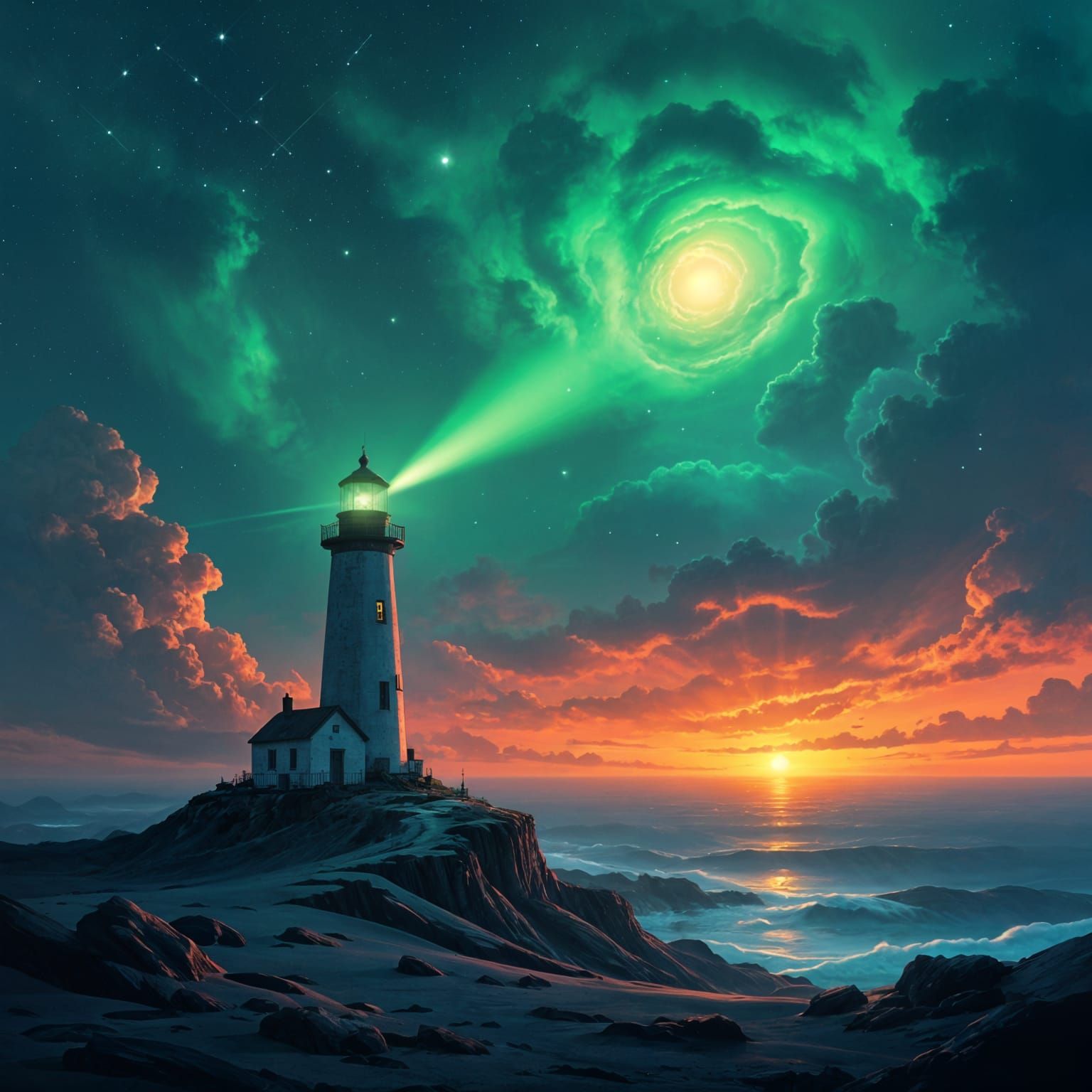 Lighthouse on Alien Planet with Cosmic Vista