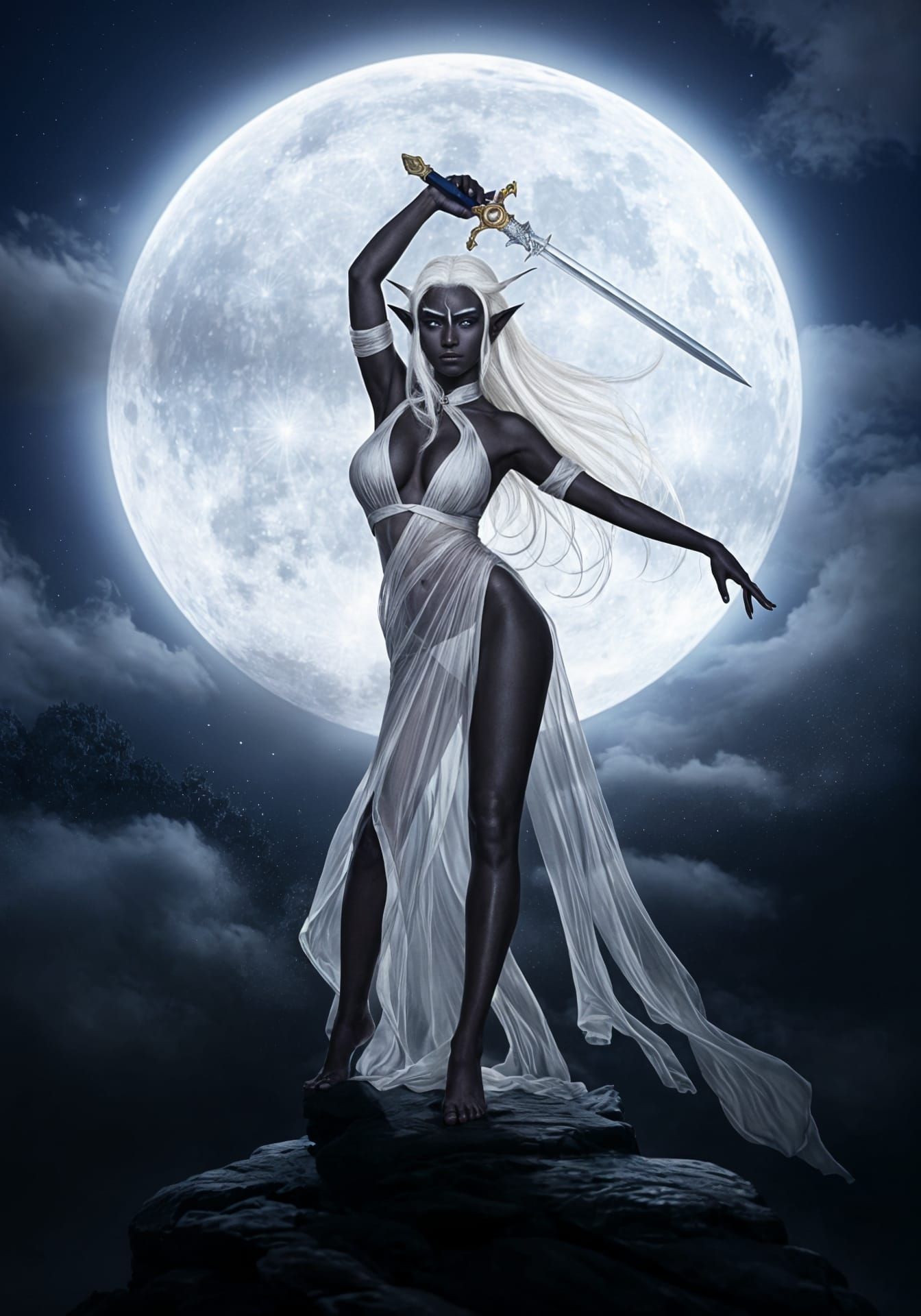 Drow Elf Dances Under the Moon with Sword
