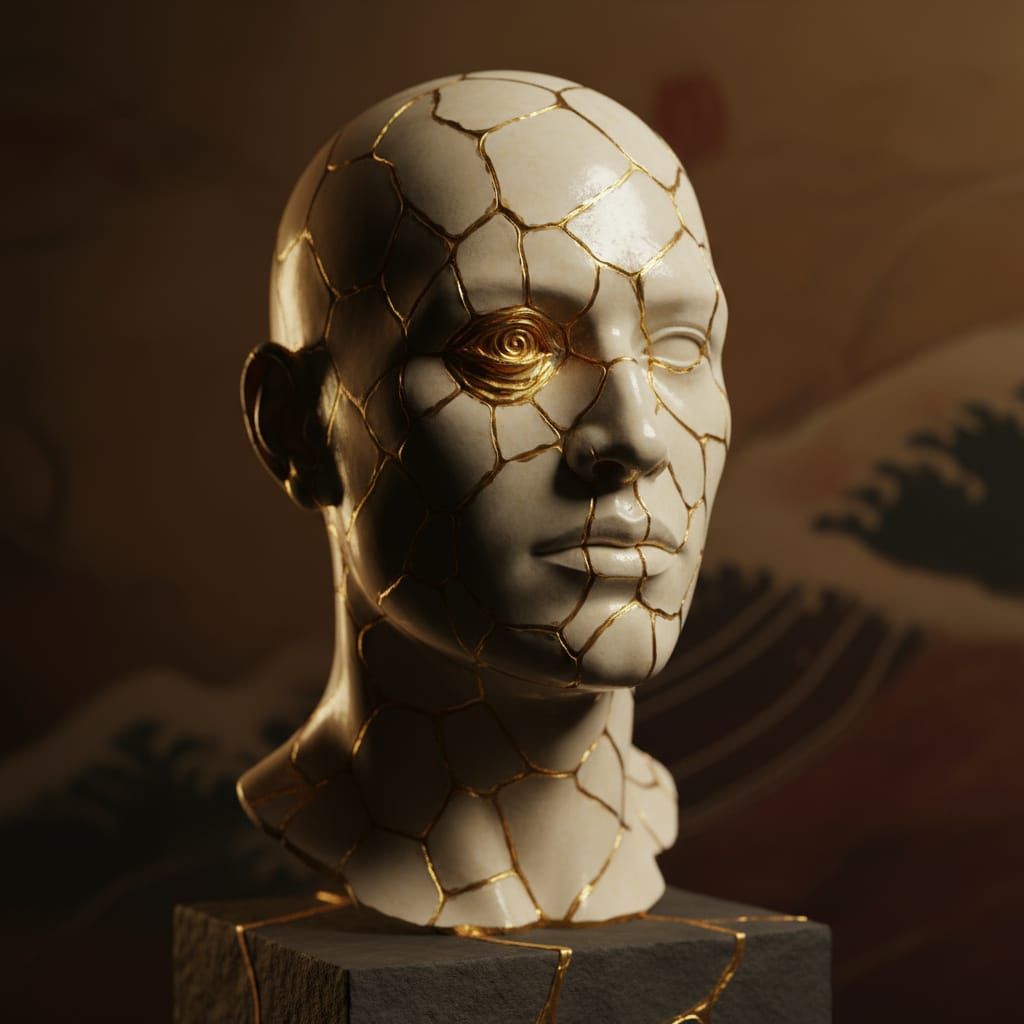 Realistic Male Head Sculpture in Kintsugi Style with Golden ...