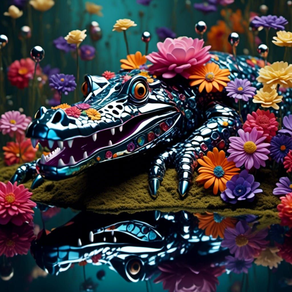 Chrome Alligator Covered in Flowers