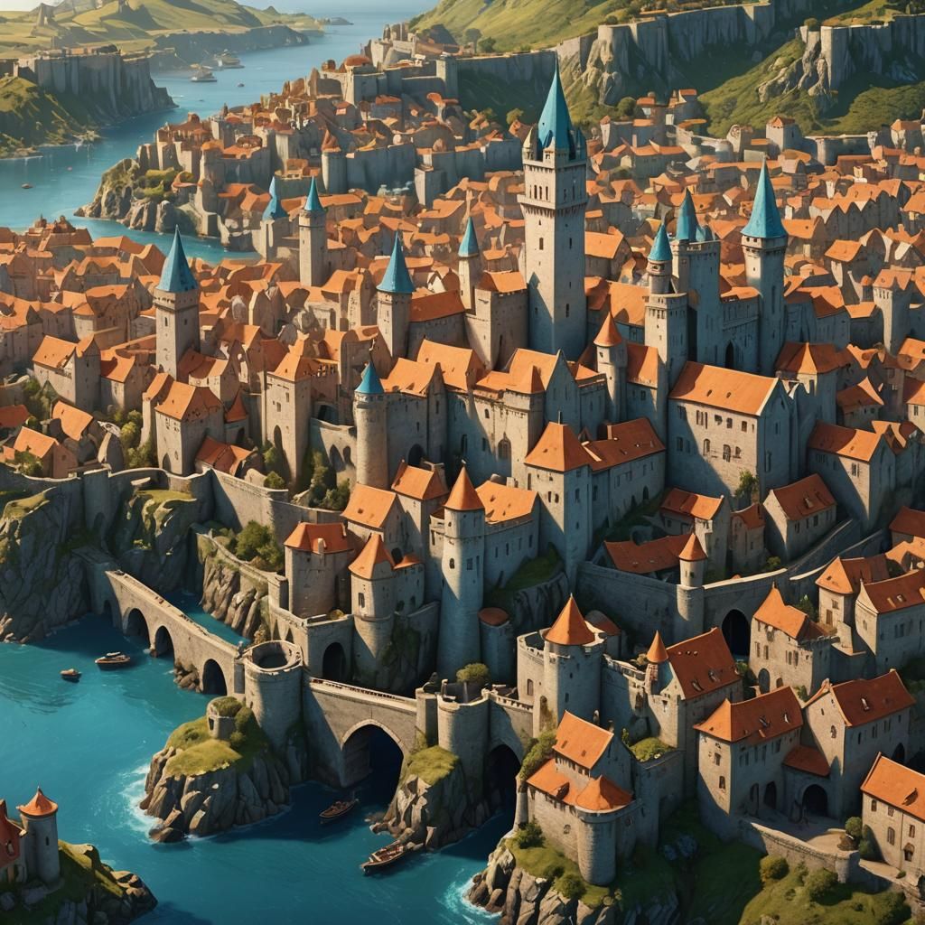 Fortified Medieval Port City in Fantasy Style