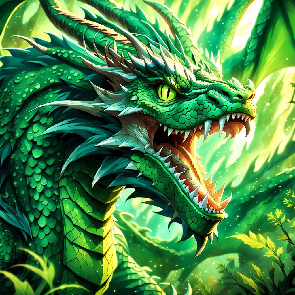 Green Earth Dragon Roaring in Anime Style