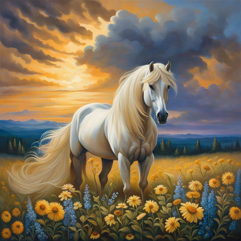 American Cream Draft Stallion in Wildflower Field