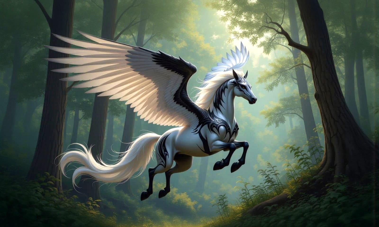 Photorealistic Pegasus Soars Over Forest