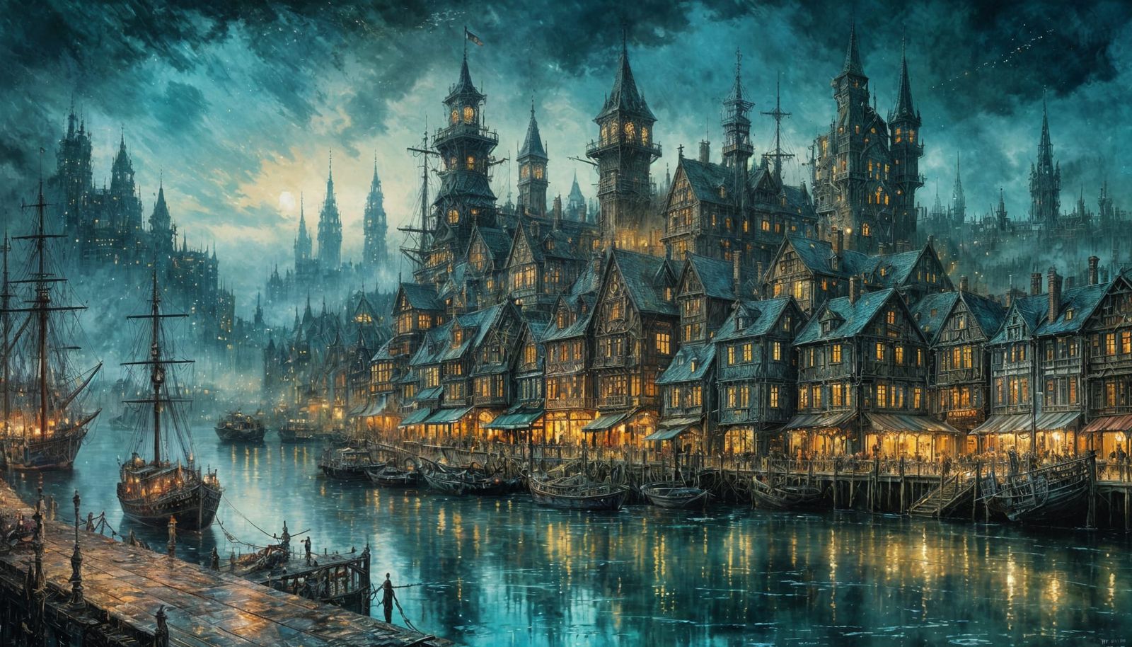 Enchanted Steampunk Harbor City at Twilight: Watercolor Art