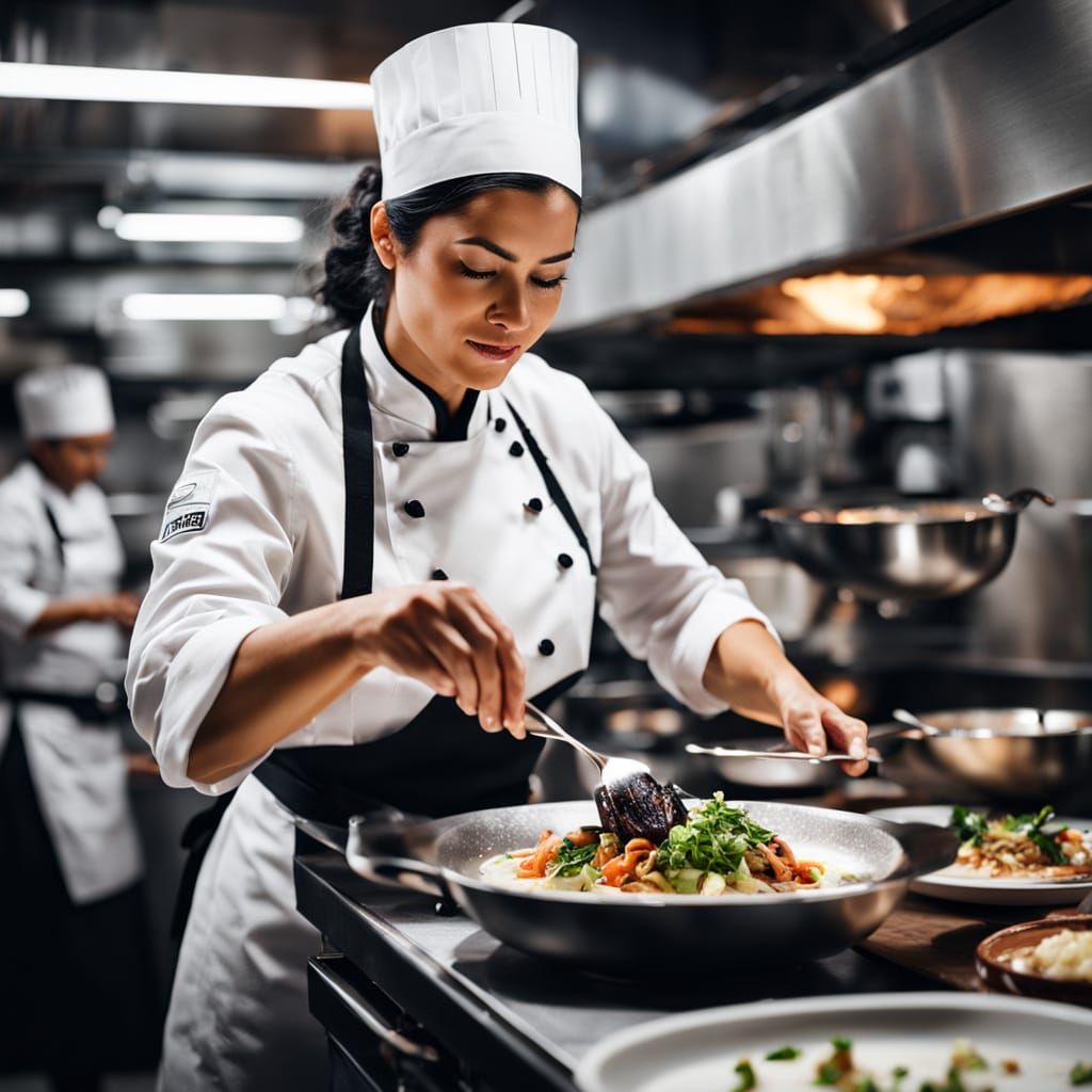 Elegant Female Chef Plating Dinner in Restaurant