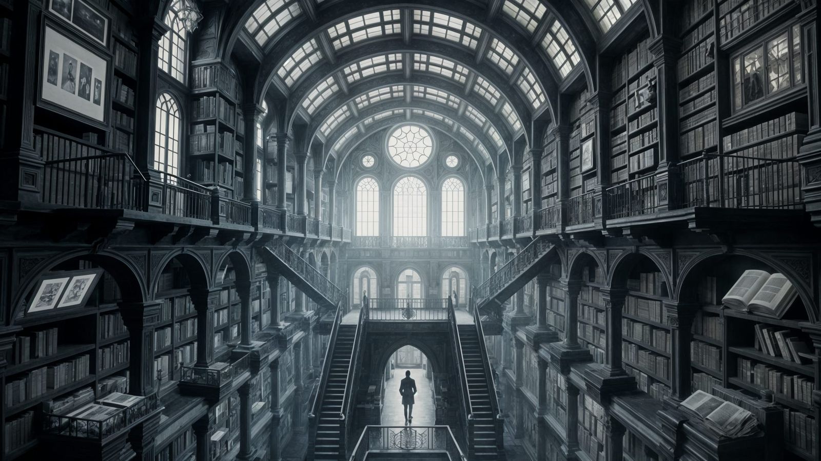 Infinite Gothic Library in Etching Style