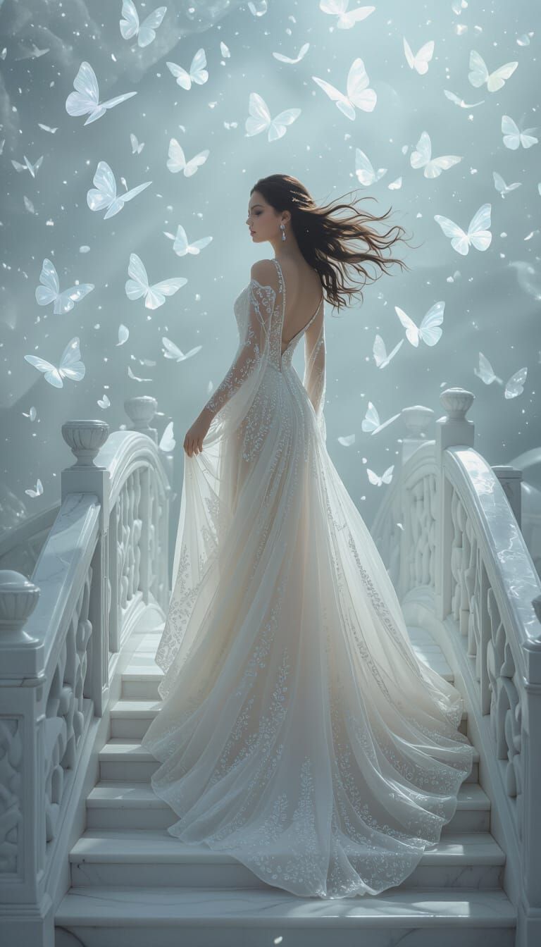Ethereal Woman on Marble Bridge in Dreamlike Style