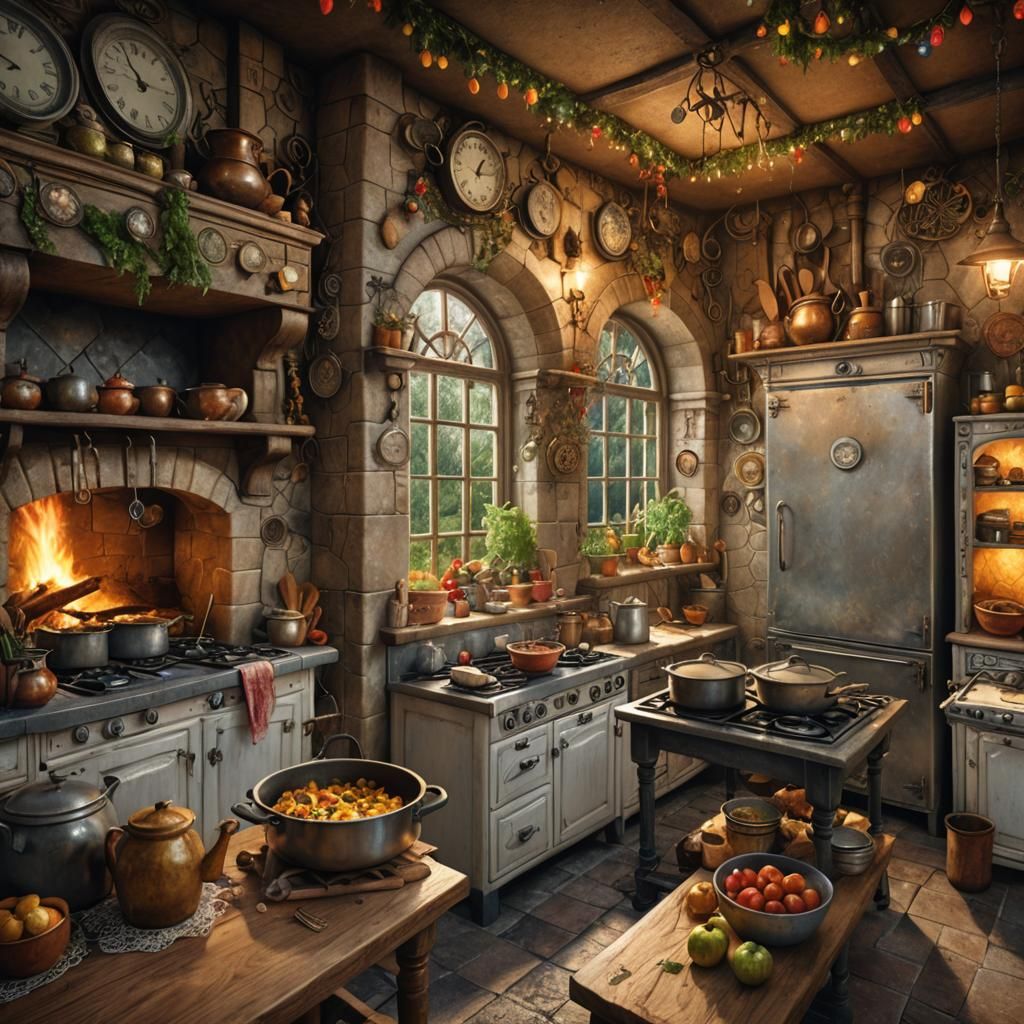 Photorealistic Kitchen with Warm Oven, Fantasy Concept Art