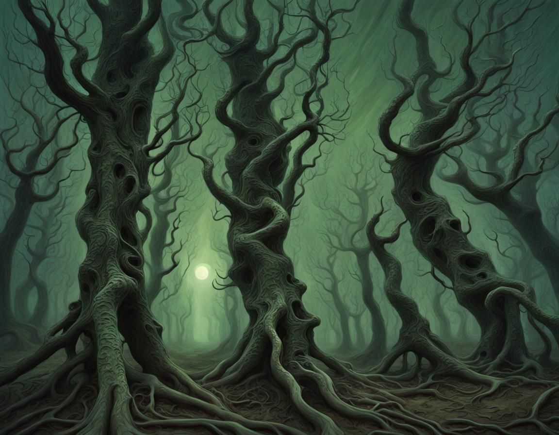 Eerie Birchmen in Twisted Forest: Surrealist Horror