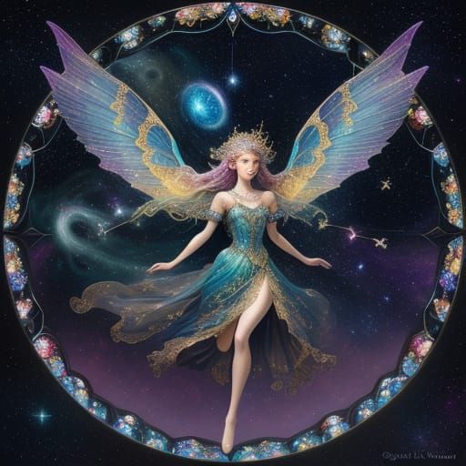 Stained Glass Fairy Soaring Through Starry Sky
