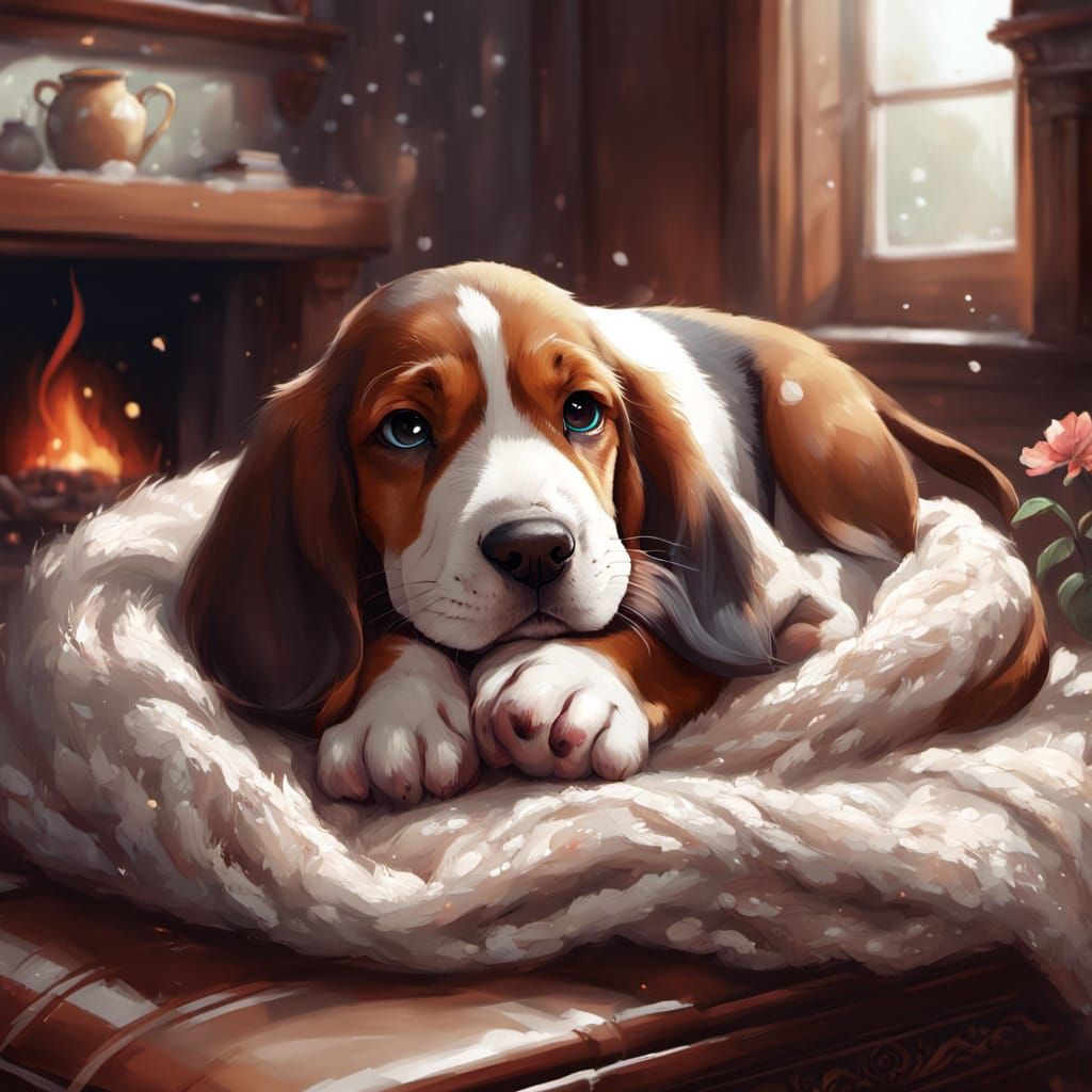 Adorable Basset Hound Puppy Sleeps on Antique Furniture