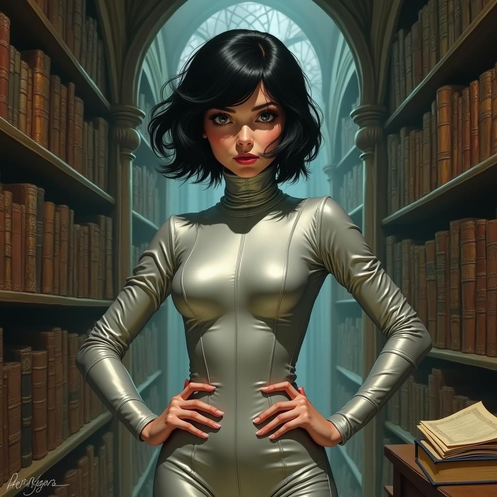 Mystical Heroine in Library, Dynamic Brushstrokes Style