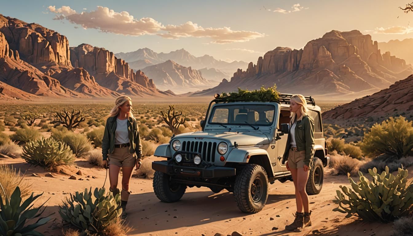 Desert Adventure with Jeep in Golden Light
