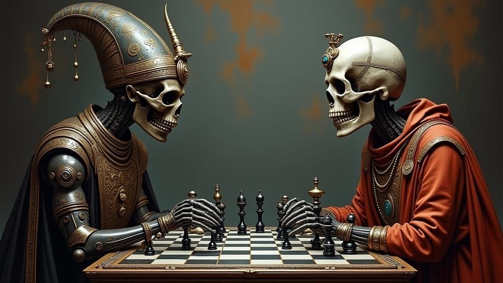 Biomechanical Liches Clash Over Chessboard