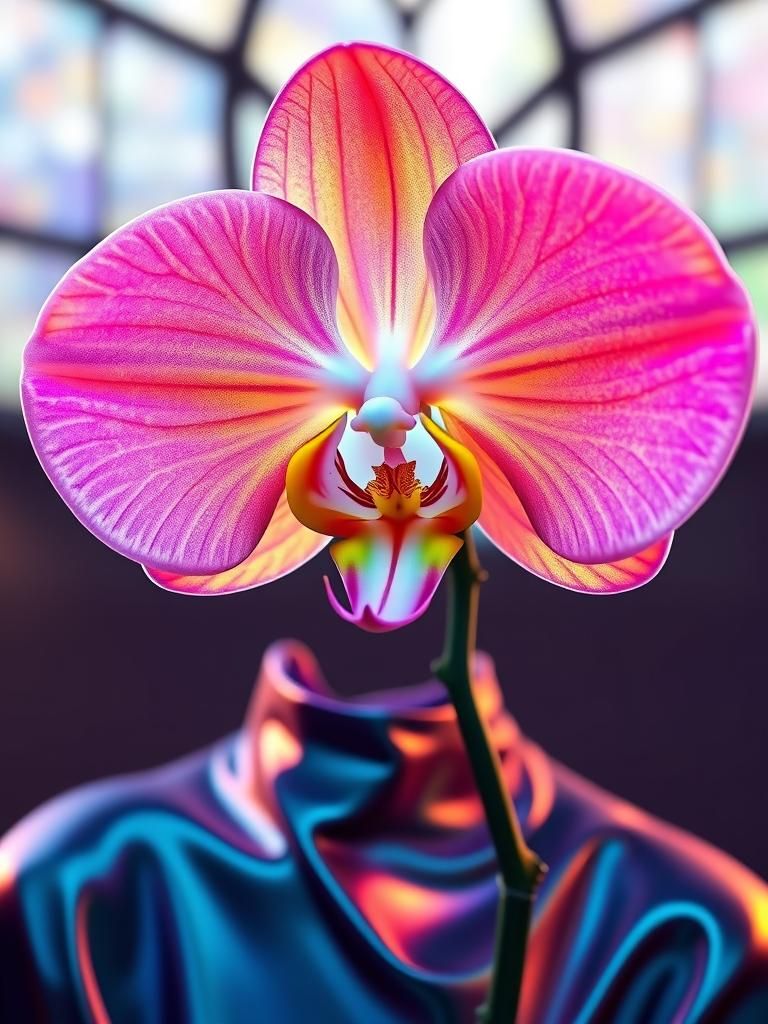 Hyperrealistic Orchid Humanoid in Synthwave Style