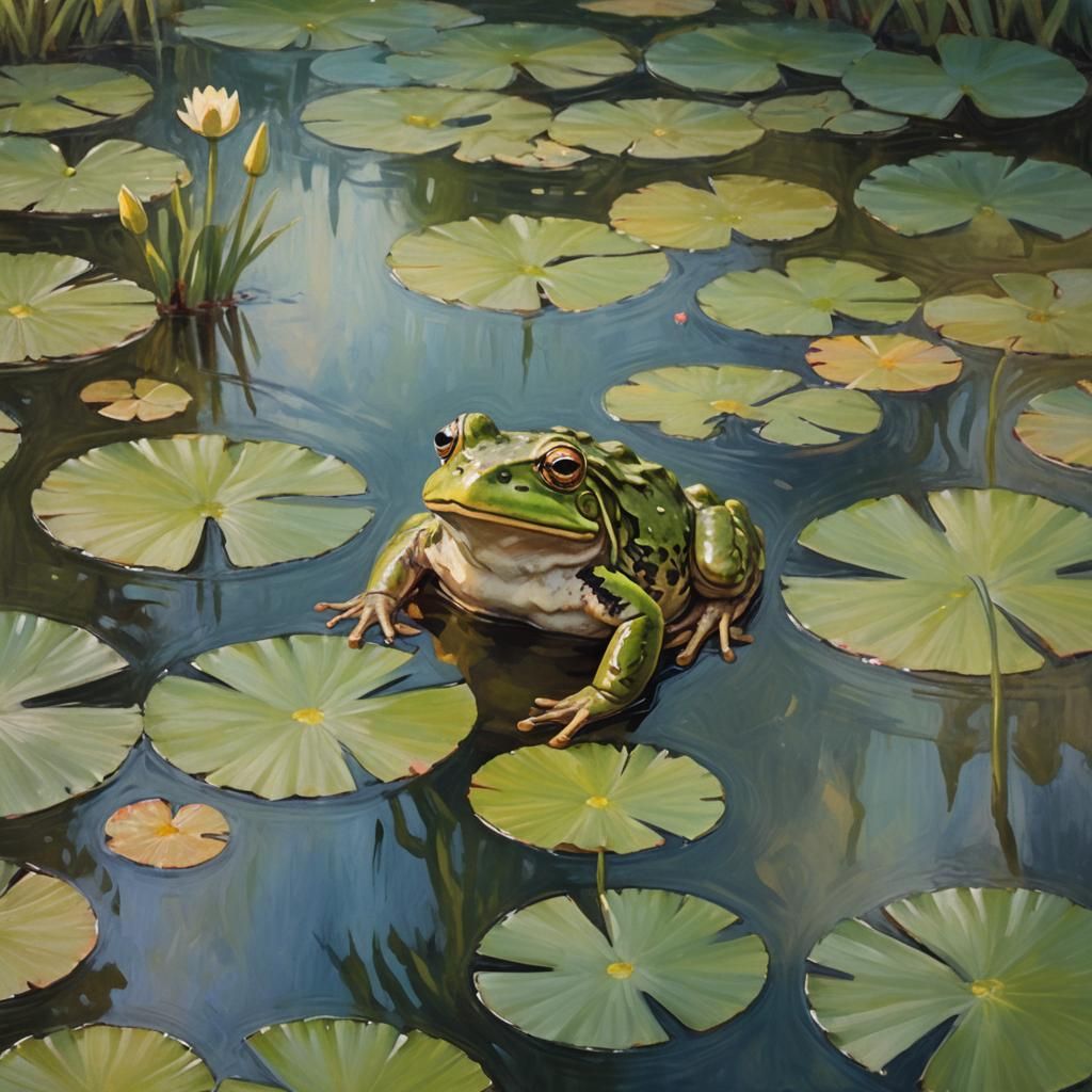 Wise Frog in Impressionist Pond Oil Painting