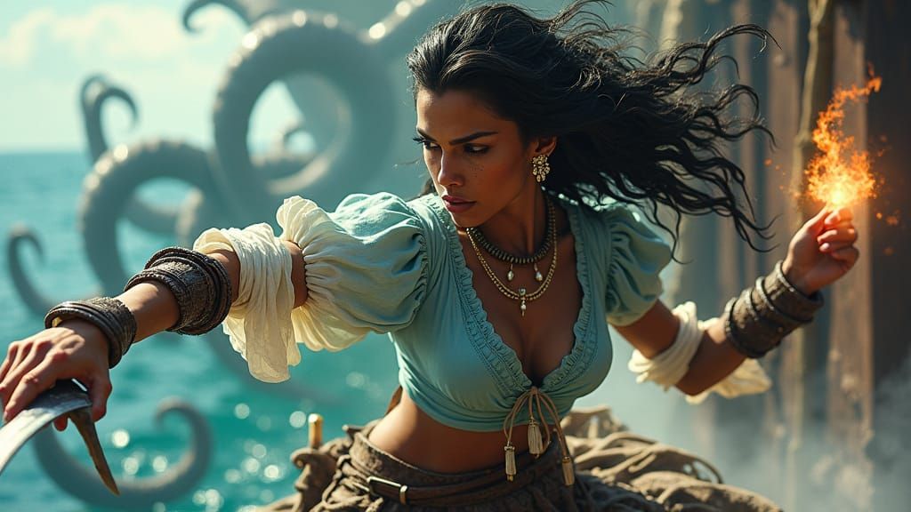 Pirate Princess Battles Sea Monsters in Cinematic Style