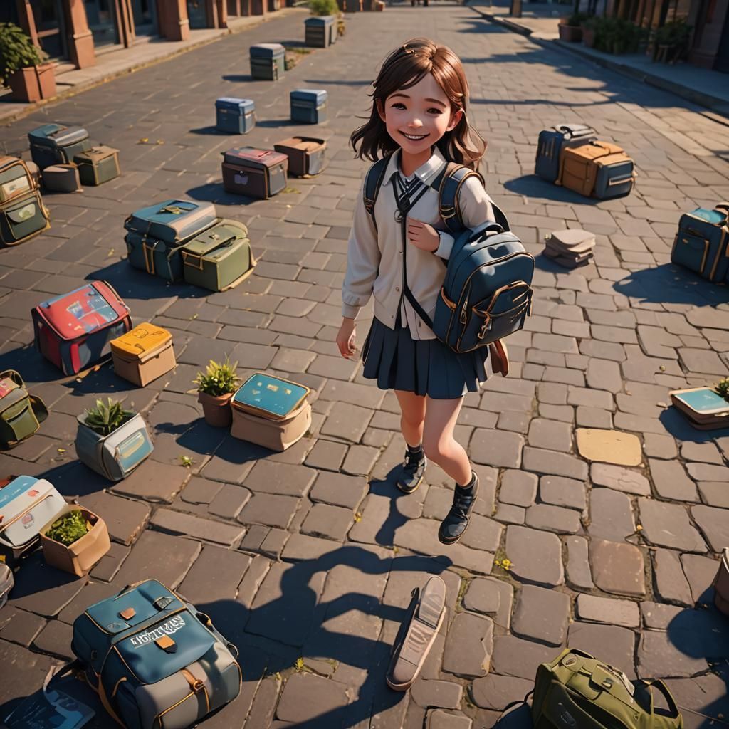 Smiling Girl Walking to School: Detailed Digital Art