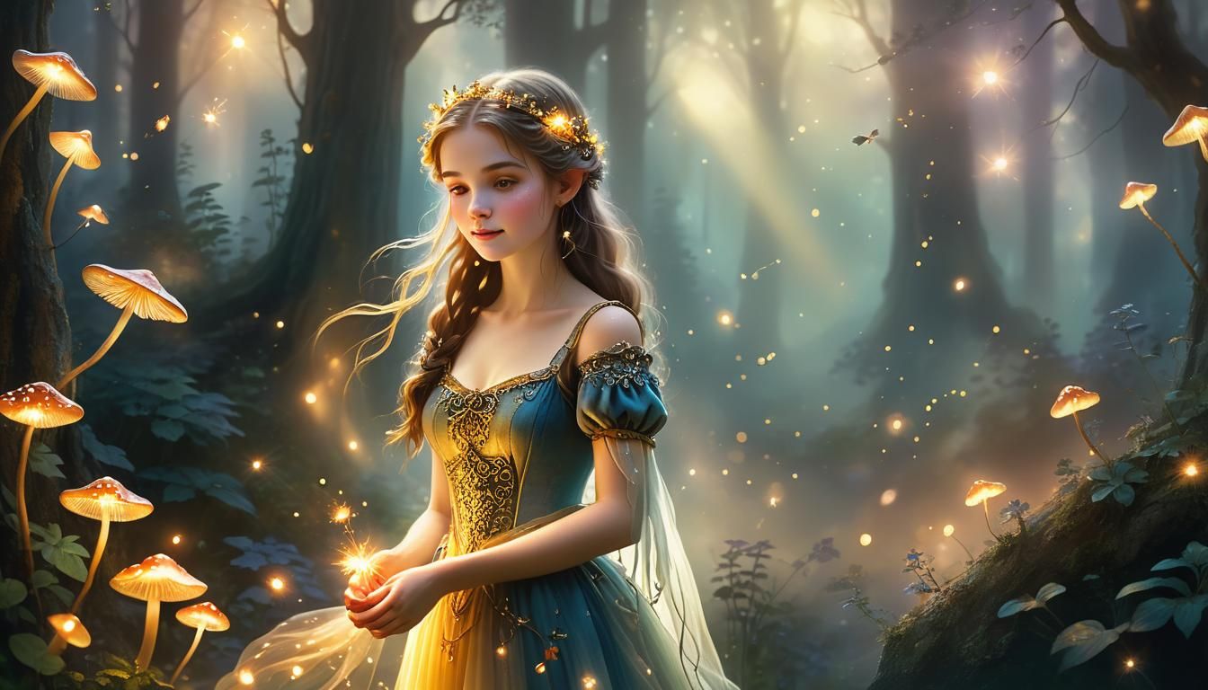 Ethereal Fairy in Forest with Fireflies