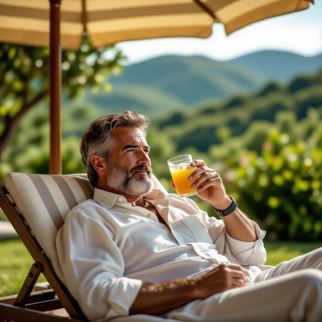 Italian Man Relaxes in Lush Garden, Cinematic Film Still