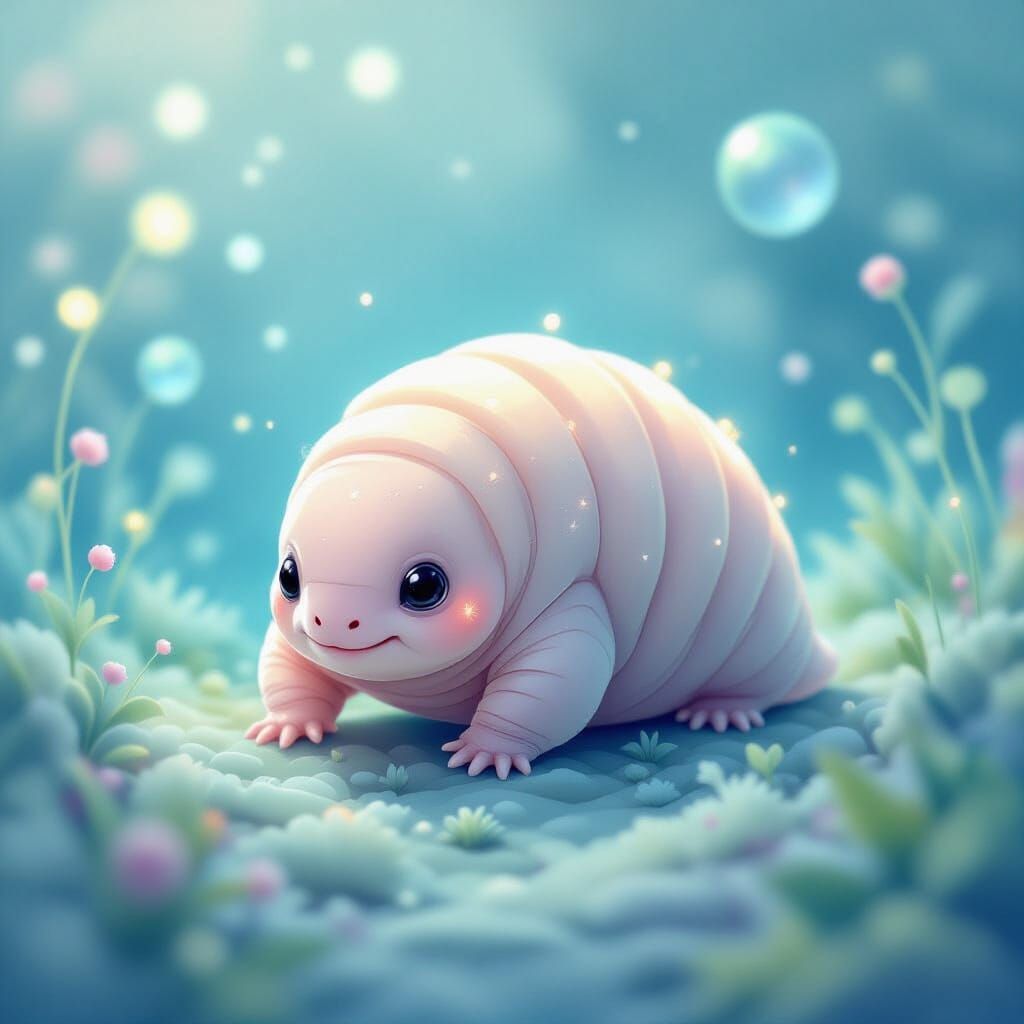 Whimsical Watercolor Baby Tardigrade with Bioluminescence