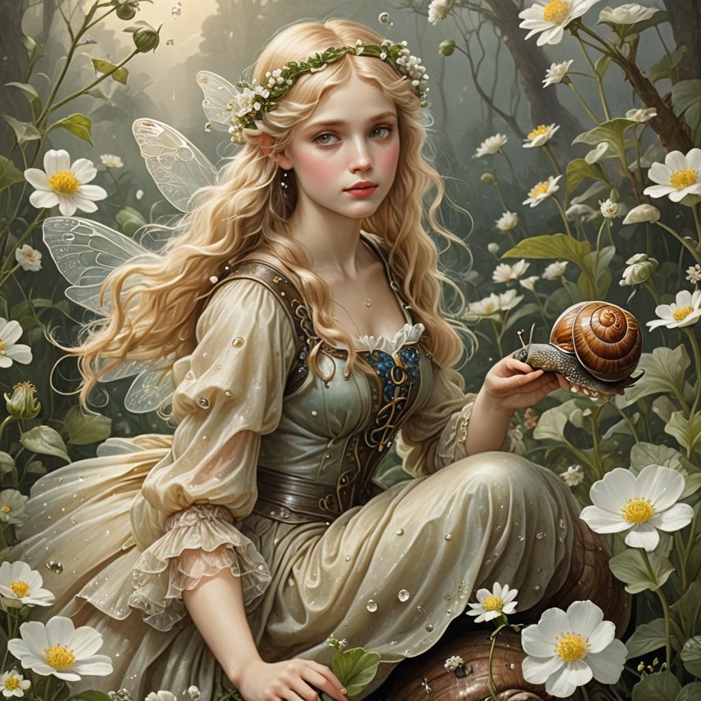 Pre-Raphaelite Fairy Rides a Snail