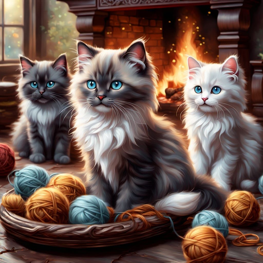 Ragdoll Kittens Play with Yarn by Fireplace