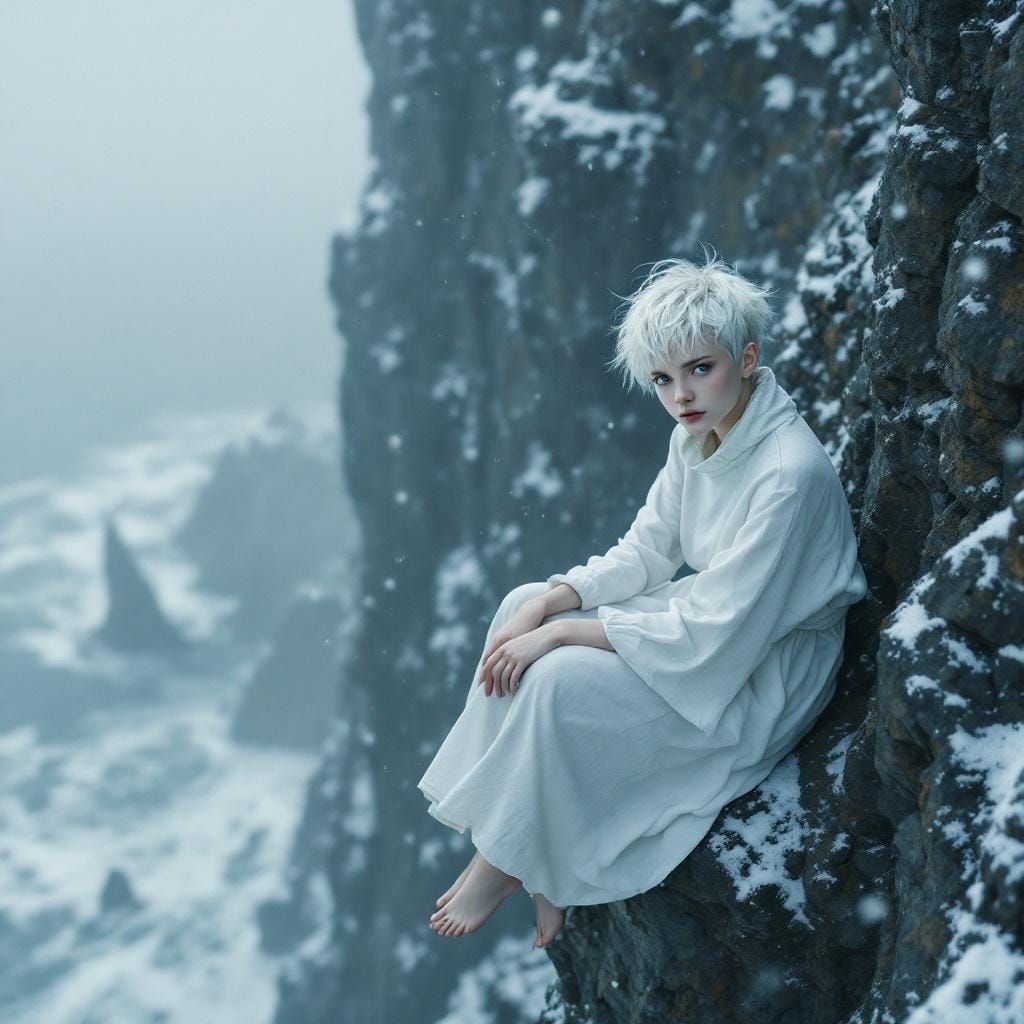 Albino Woman in Blizzard, Hyperrealistic Digital Art