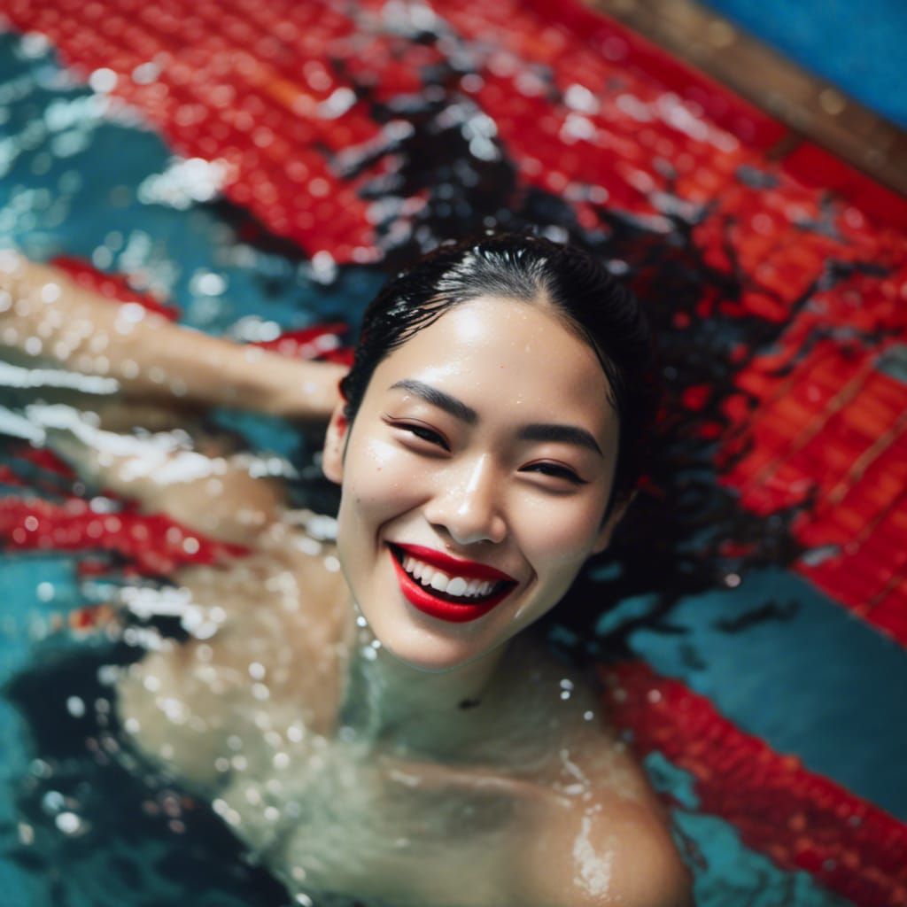 Smiling Indonesian Woman Floating in Pool